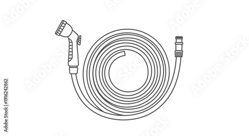Garden Hose with Spray Nozzle - Top View Line Art Illustration