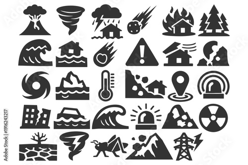 Natural disaster symbols and icons set: volcano, tornado, earthquake, tsunami, wildfire.