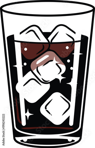 Refreshing illustration of a tall glass filled with dark soda pop beverage featuring several large, sparkling ice cubes, perfect for summer themes.