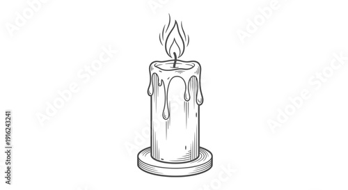 Dripping Wax Candle Flame, Vintage Sketch Style, Isolated on White