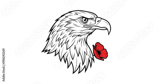 Eagle Head with Red Poppy Flower - Symbol of Remembrance and Strength