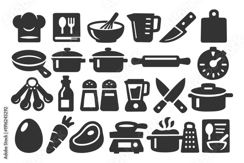Silhouettes of essential cooking utensils and ingredients for kitchen use.