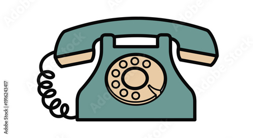 Vintage teal rotary telephone illustration with a coiled cord representing classic communication methods and historical technology design elements.