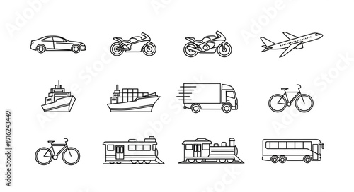Collection of hand drawn transportation vehicles and modes of travel.