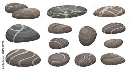 Collection of smooth river stones featuring distinctive natural gray and brown striped patterns isolated on a white background element