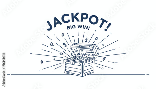 Jackpot Big Win Treasure Chest Full of Coins and Money Symbols, Gambling Concept