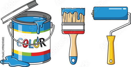 Illustration displaying essential painting supplies including a bright blue paint can overflowing with color, a loaded brush, and a roller tool ready for home renovation projects.