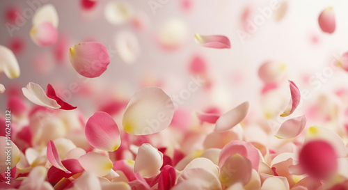 A close-up view of pink and white rose petals falling in a soft, dreamy atmosphere
