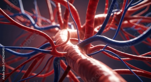 Detailed 3D medical illustration of blood vessels, artery, and vein network for science and healthcare concepts.