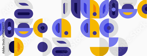 Abstract geometric shapes, circles, semicircles, purple, yellow, white. Minimalist pattern creates modern visual texture.