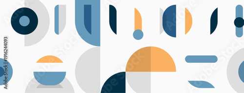 Abstract geometric shapes, muted colors, modern design. Composition features circles, rectangles, curves, overlapping forms. Minimalist aesthetic.