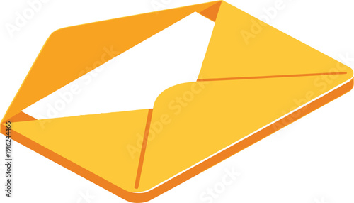 Isometric illustration of an open bright yellow paper envelope revealing a white piece of correspondence or letter inside against a white background.