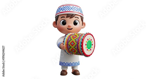 3d cartoon boy in traditional white thobe playing a colorful patterned drum