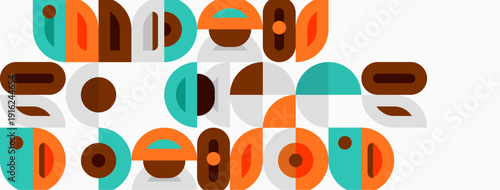 Abstract geometric shapes, muted colors, midcentury modern style. Composition features repeating forms, simple design.