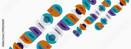 Colorful circles, rectangles overlap creating abstract pattern. Shapes vary sizes, hues. Design feels playful, modern.