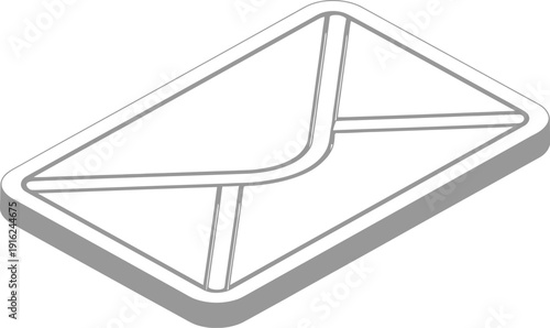 Isometric line art icon of a simple closed white mail envelope featuring clean outlines and soft shadows on a bright isolated background