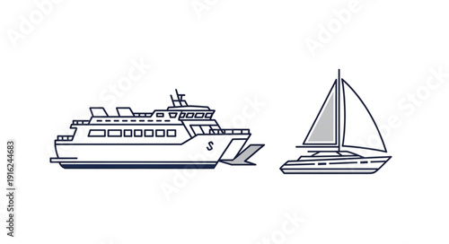 Ferry boat and sailboat illustration on white background.