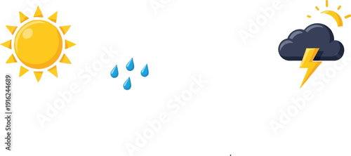 Collection of four essential weather icons representing sunshine rain snow and a thunderstorm presented in a vibrant colorful flat design vector set