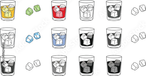 Collection of hand drawn cartoon drinking glasses filled with various colored liquids and realistic looking ice cubes isolated on white background