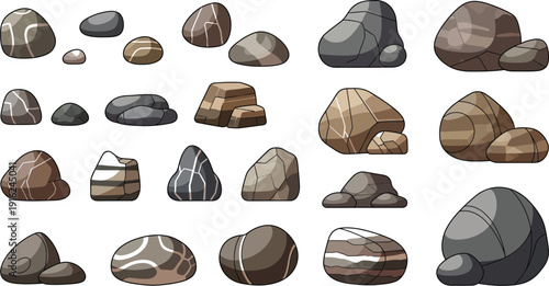 Collection of various stylized cartoon stones and natural pebbles featuring different shapes colors and distinct geological textures for design assets