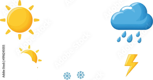 Collection of six glossy three dimensional weather forecast icons depicting sunshine cloud rain snow and electrical storm conditions for forecasting applications
