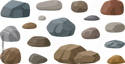 Collection of various gray and brown cartoon stones and boulders depicted with flat design elements ideal for nature illustration projects.
