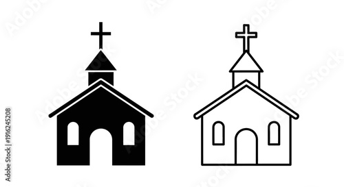 Minimalist church icons set, black and white line art, simple building symbols Vector