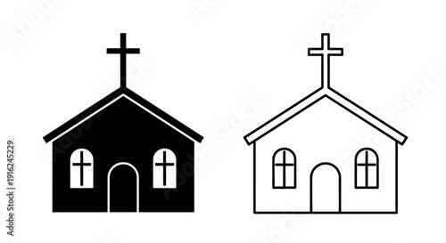 Minimalist church icons set, simple religious symbols, black and white line art Vector