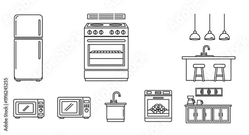 Collection of kitchen appliances and furniture line art.