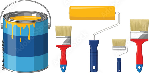 Assortment of vibrant yellow paint and various tools including brushes and rollers ready for home improvement renovation projects