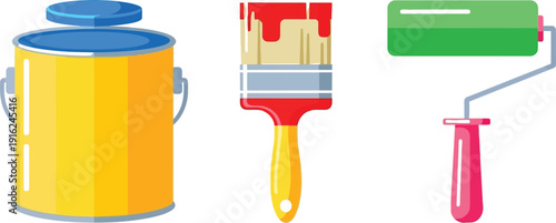 Collection of essential home improvement and renovation tools featuring a yellow paint can a red tipped brush and a green roller