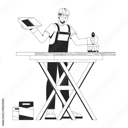 Professional house painter at workbench outline illustration. Paintbrush varnish. Skilled trade worker applying coating to wooden surface 2D line character isolated. Monochrome vector ink linear image