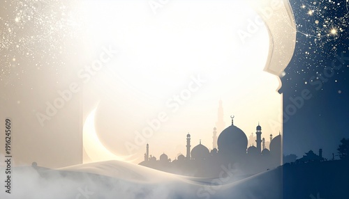 Celebrating Ramadhan with Crescent Moon Over Mosque Silhouette at Dusk with Stars