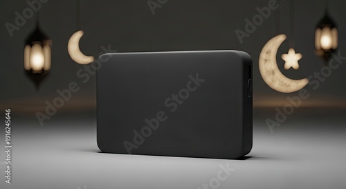 Black horizontal box with glowing crescent moons and lanterns in background