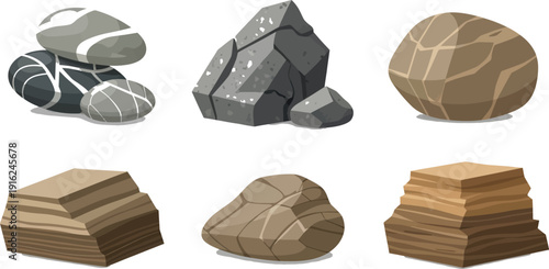 Collection of six distinct cartoon style geological stones and rock formations rendered in various shapes and earthy colors on white