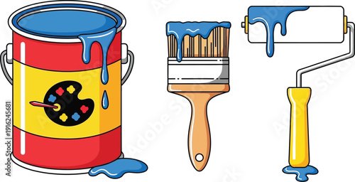 Colorful illustration featuring a vibrant can of blue paint alongside a dripping paintbrush and a paint roller ready for home improvement projects