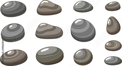 Collection of smooth assorted river stones and pebbles featuring various shapes and natural layered brown and gray tones isolated on white background