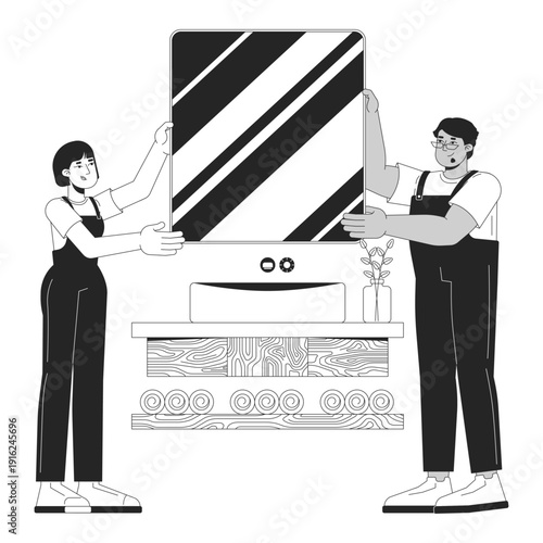 Skilled trade installers mounting bathroom mirror outline illustration. Installation service. Home renovation. Handymen teamwork 2D line characters isolated. Monochrome vector ink linear image