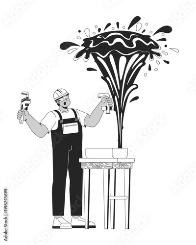 Plumber facing burst water pipe outline illustration. Plumbing emergency. Repair technician. Skilled trade worker with leaking faucet splash 2D line character isolated. Monochrome vector ink linear