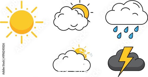 Collection of five distinct weather condition icons including bright sun rain snow partly cloudy and severe thunderstorm symbols