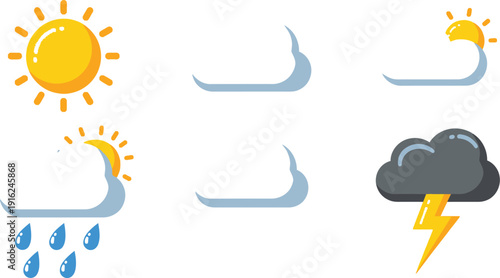 Collection of six distinct flat style weather icons representing sun rain snow cloudy and thunderstorm conditions for forecasts