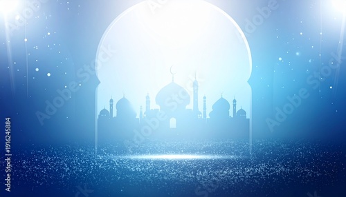 Celebrating Ramadhan under a majestic mosque silhouette with glowing archway and sparkling lights