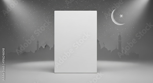 Blank white poster on grey background with mosque silhouette and crescent moon star