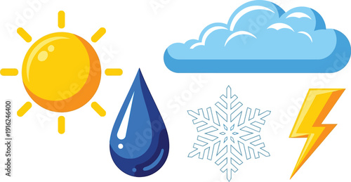 Bright yellow sun shining next to a rain drop cloud snowflake and lightning bolt representing diverse weather conditions and forecasting elements