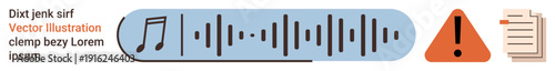 Audio editing, notification alerts, file management, sound warnings, workflow tools, media platforms. Icons include musical note, audio waveform warning triangle and document. Audio editing