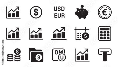 Collection of finance and banking icons representing growth, money, and investments in modern flat style