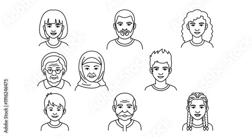 Diverse Group of People Portraits Hand Drawn Sketch Style.