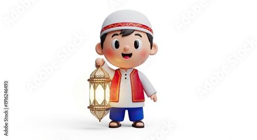 Boy in traditional red vest carrying an ornate metal lantern
