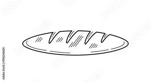 Hand-drawn sketch of a rustic loaf of bread with scoring marks, isolated on white.