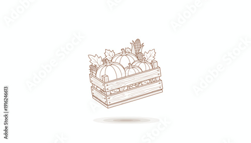 Hand-drawn sketch of a wooden crate filled with pumpkins, corn, and autumn leaves.